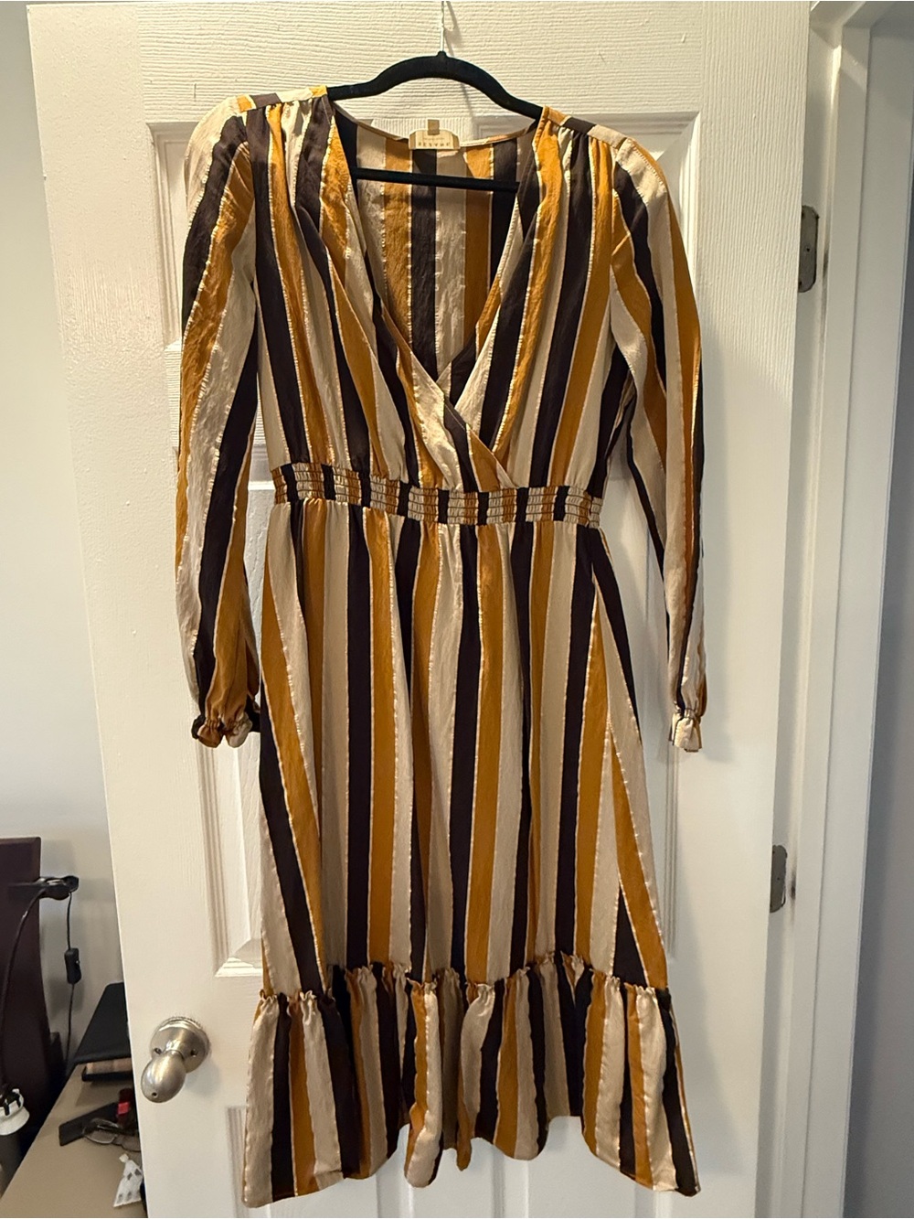 Striped V-Neck Midi Dress in Mustard, Brown & Cream